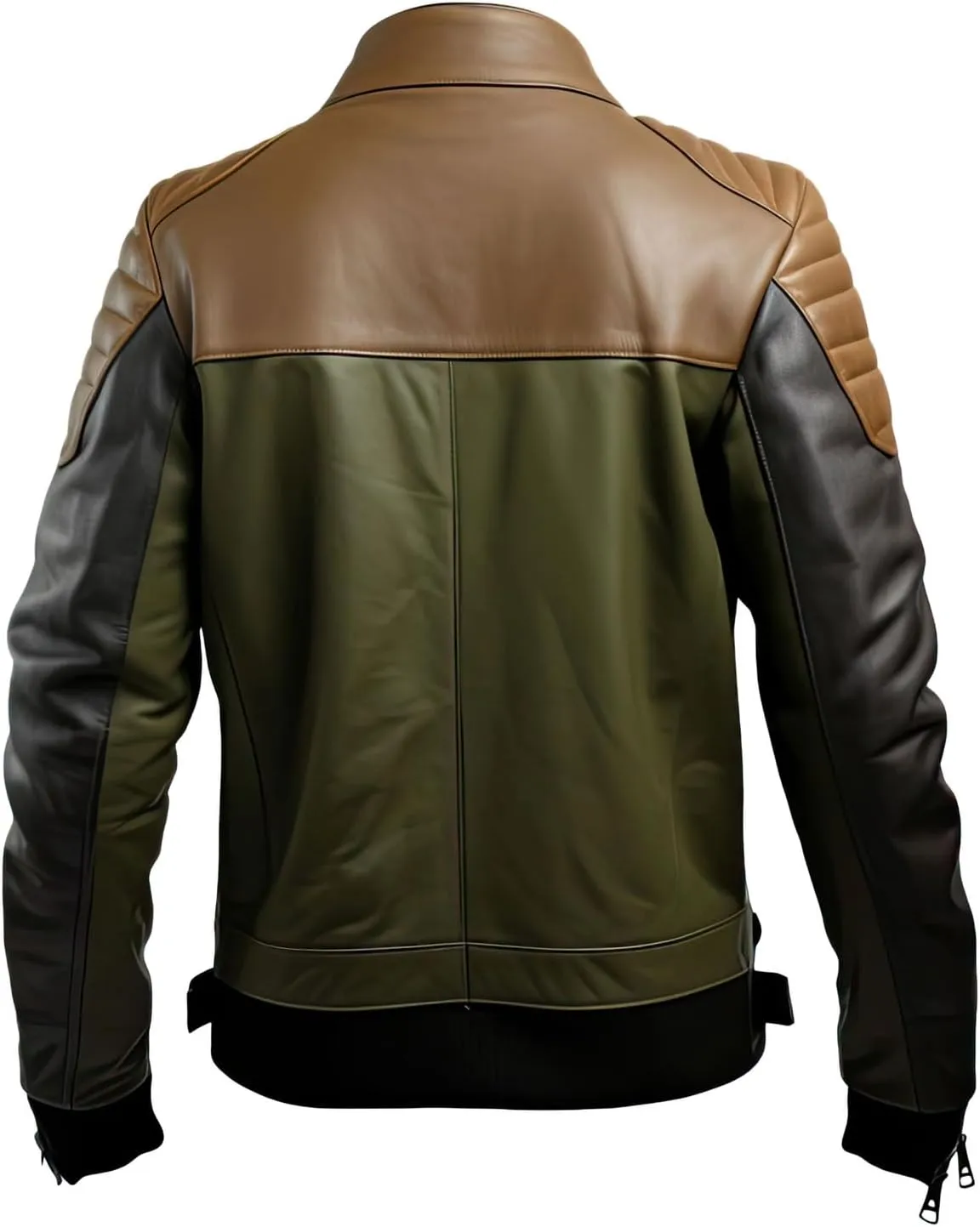 Faachi & Co Mens Olive Green Brown Genuine Sheepskin Quilted Shoulders Biker Retro Casual Classy Moto Rider Leather Jacket
