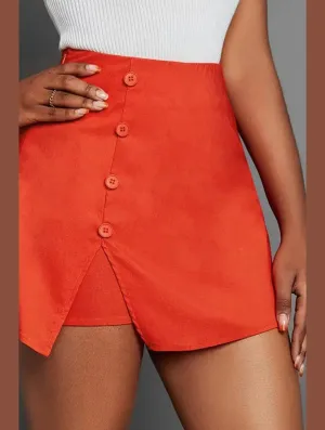 BUTTON-EMBELLISHED SOLID COLOR SPLIT SKIRT_CWBSS0181 Flexible Waist Anti Pilling Fabric