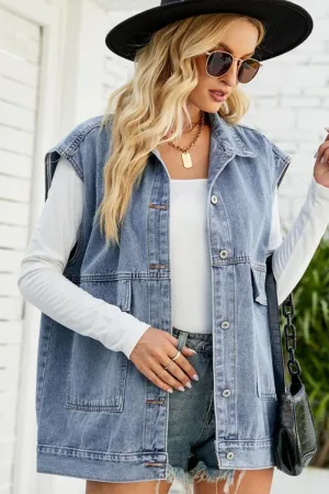 FADED DENIM BUTTON UP FLAT POCKET COLLAR VEST QuickRelease Closure