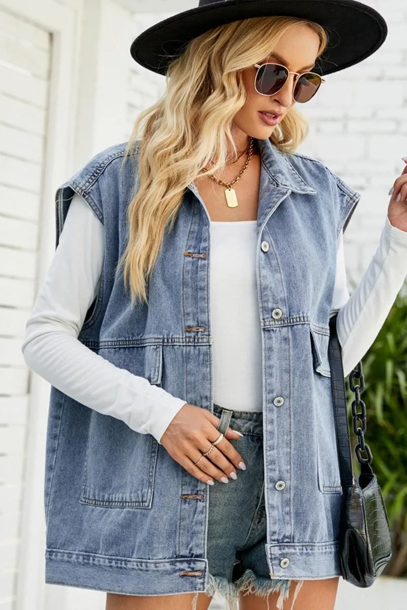 Water Repellent Finish FADED DENIM BUTTON UP FLAT POCKET COLLAR VEST