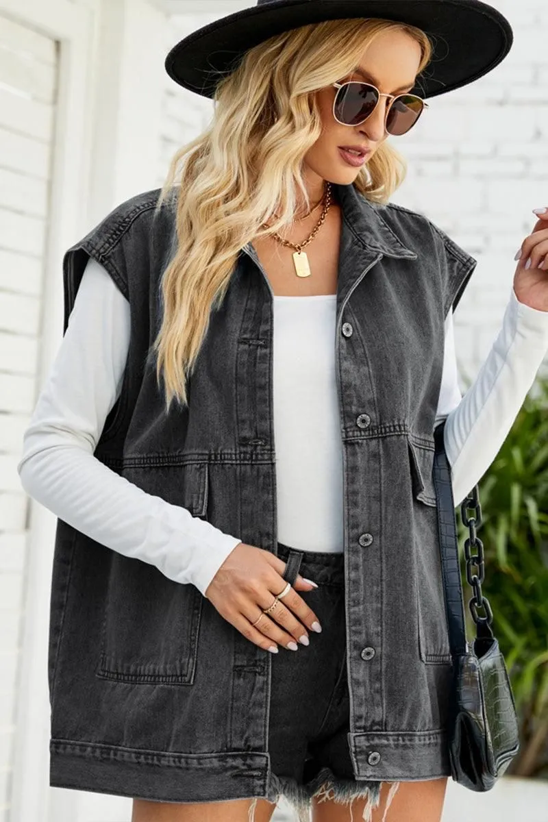 FrictionReducing HypoallergenicFibers FADED DENIM BUTTON UP FLAT POCKET COLLAR VEST