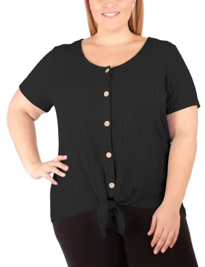 Plus Size Short Sleeve Button Front Top With Tie At Hem EcoFriendlyBlend