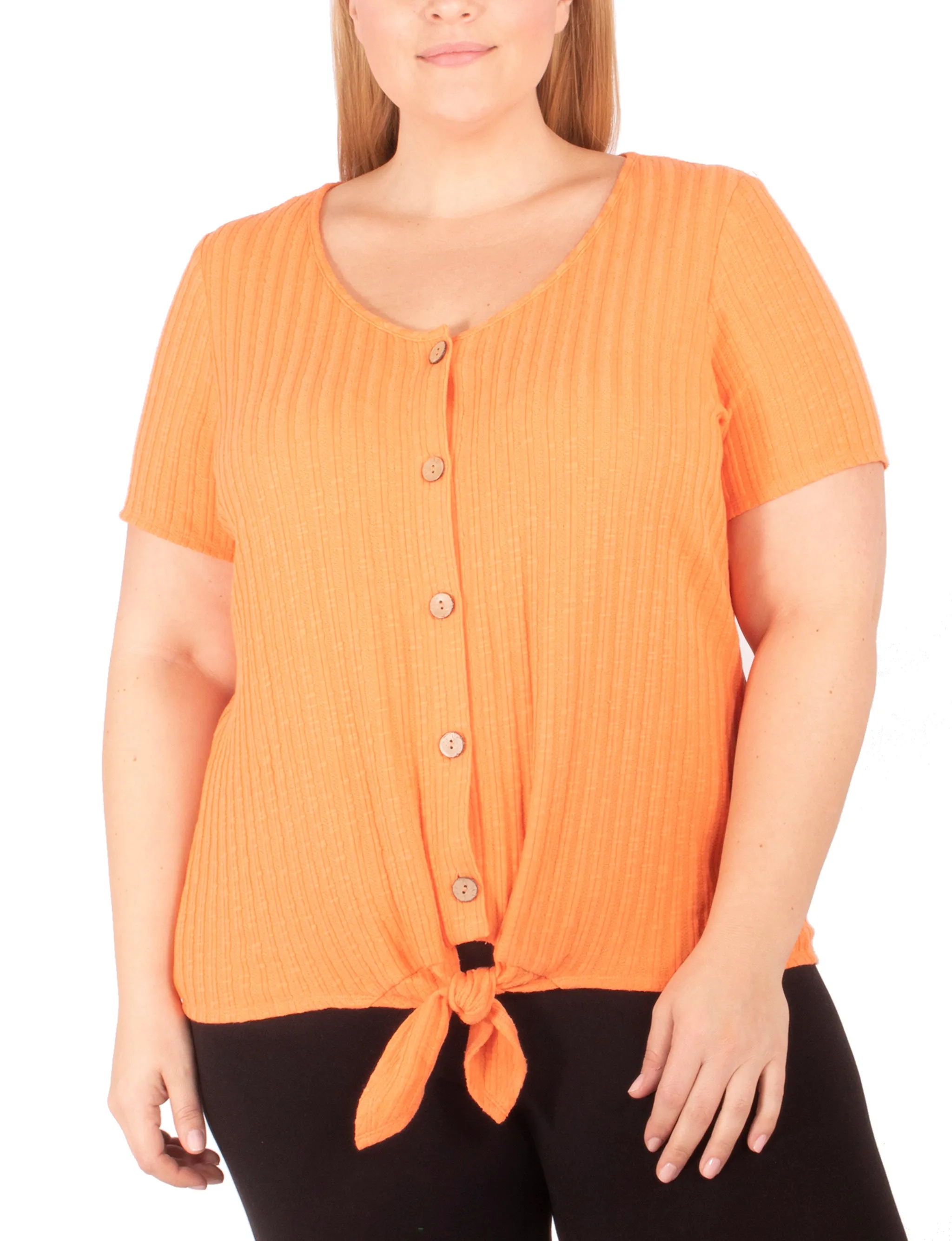 BambooBlend Plus Size Short Sleeve Button Front Top With Tie At Hem