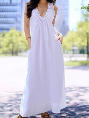 Seaside Vacation Sleeveless U-Neck Maxi Dress ??Flowy Resort Style Simple Shape