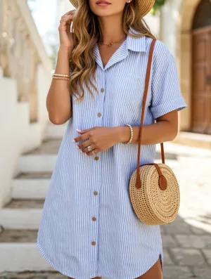 Striped Short Sleeve Viscose Dress ??Lightweight Mid-Length Summer Dress Cozy Cut Shine Skin