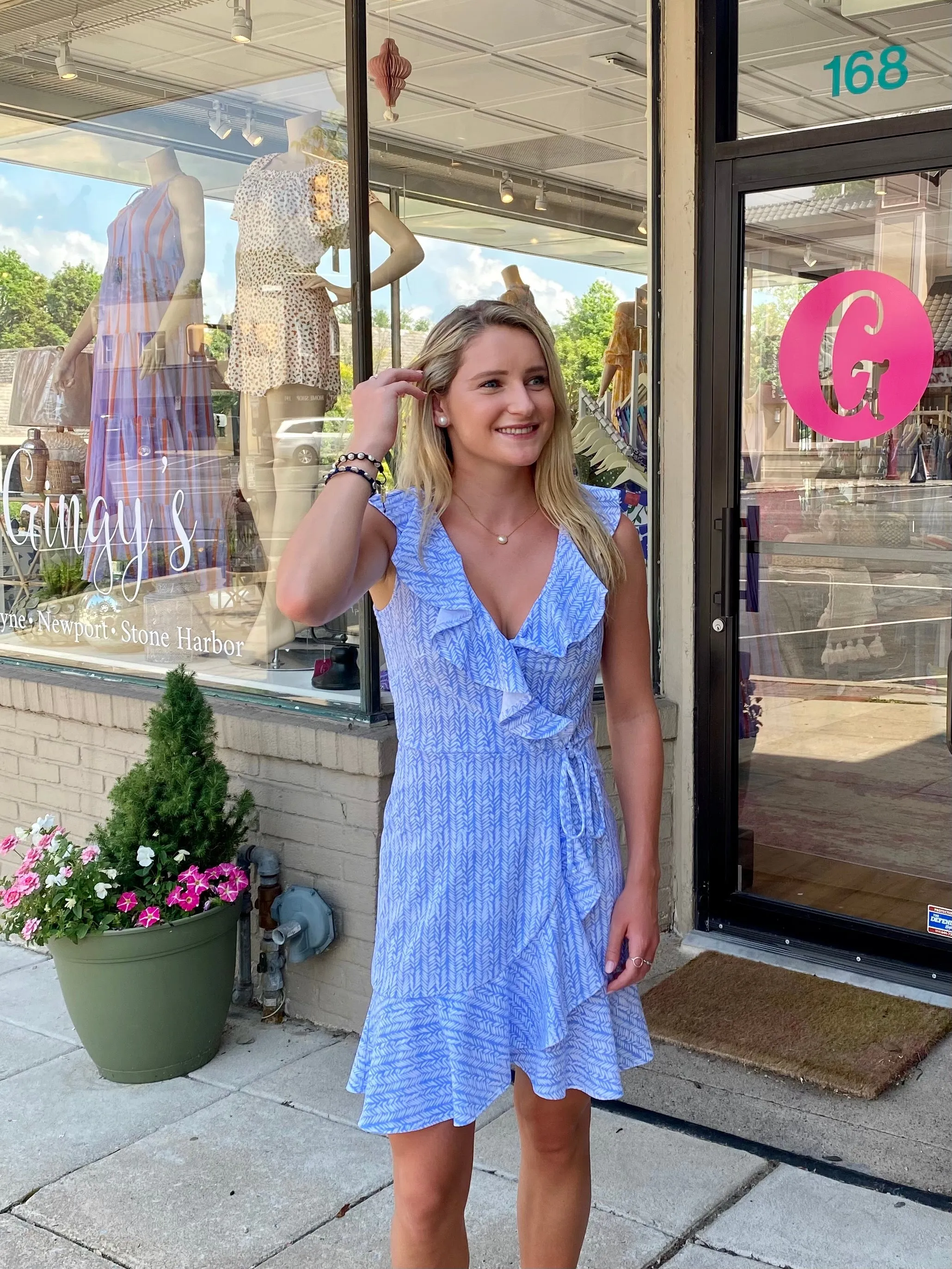Naples Faux Wrap Dress Ferns Cornflower Blue Bright Bloom