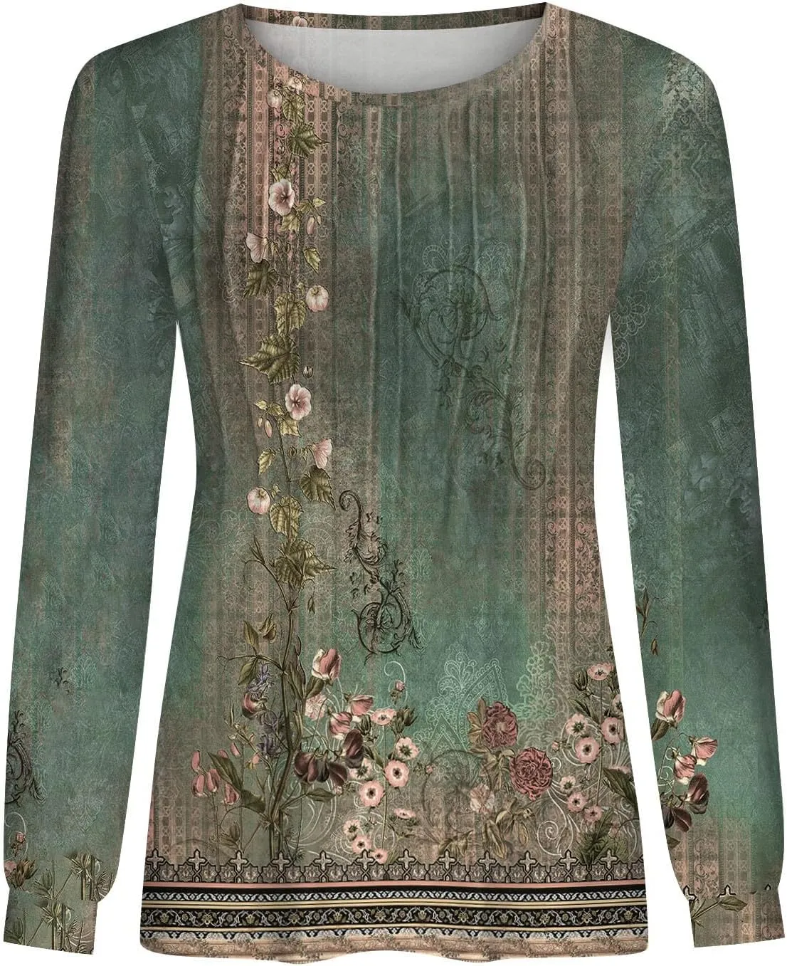 Fall Tops for Women Long Sleeve Round Neck Shirts Trendy Ruched Blouses Dressy Casual Floral Print Top Casual Clothing