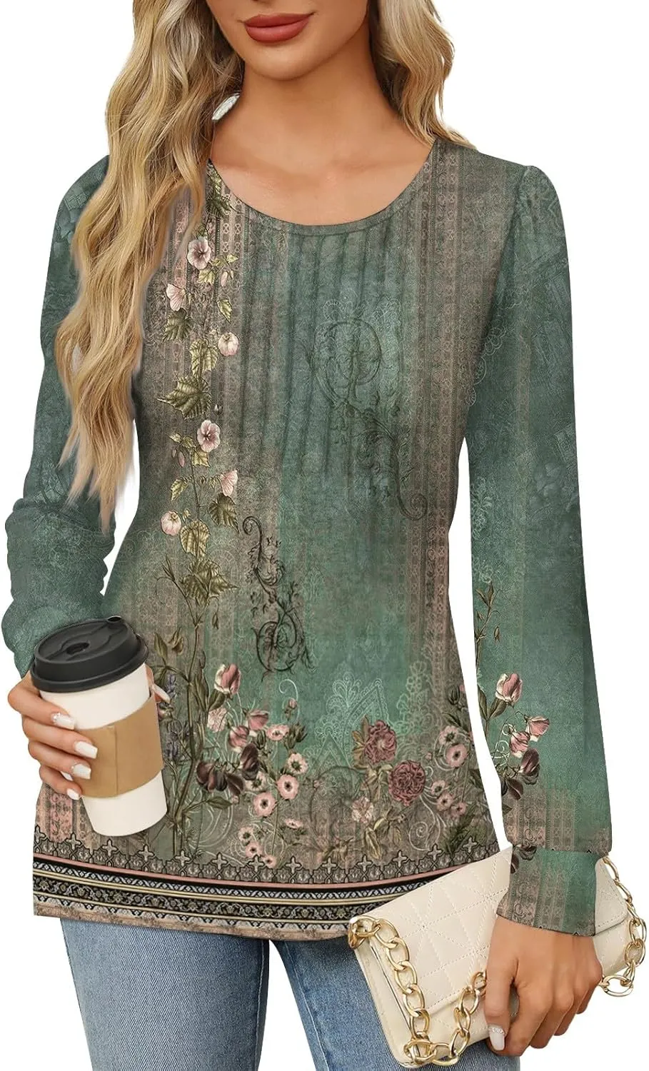 Fall Tops for Women Long Sleeve Round Neck Shirts Trendy Ruched Blouses Dressy Casual Floral Print Top Casual Clothing