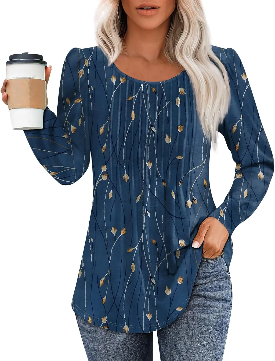 Fall Tops for Women Long Sleeve Round Neck Shirts Trendy Ruched Blouses Dressy Casual Floral Print Top Casual Clothing