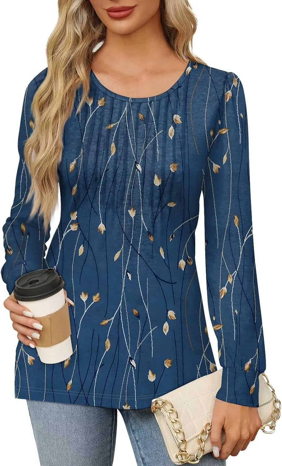 Fall Tops for Women Long Sleeve Round Neck Shirts Trendy Ruched Blouses Dressy Casual Floral Print Top Casual Clothing