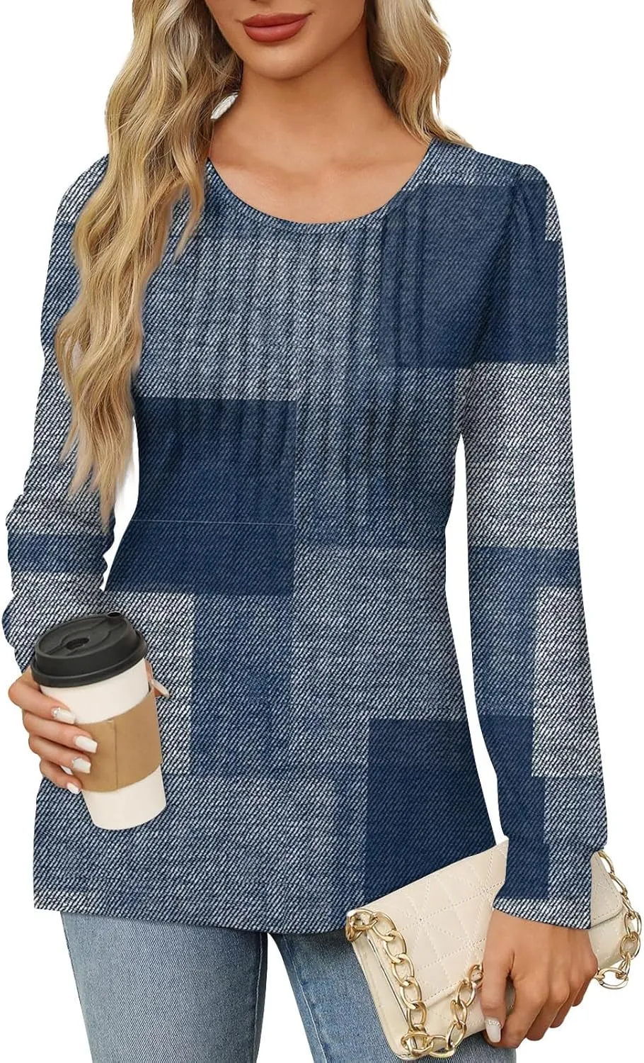 Fall Tops for Women Long Sleeve Round Neck Shirts Trendy Ruched Blouses Dressy Casual Floral Print Top Casual Clothing