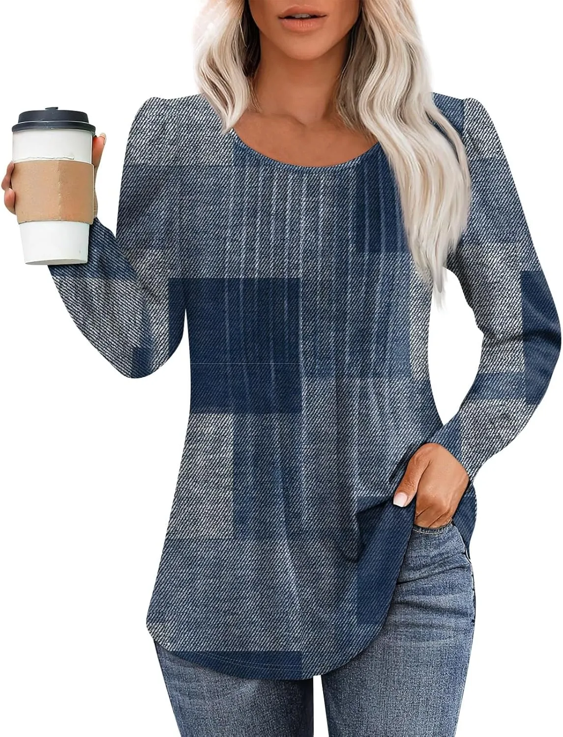 Fall Tops for Women Long Sleeve Round Neck Shirts Trendy Ruched Blouses Dressy Casual Floral Print Top Casual Clothing