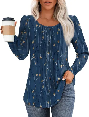 Fall Tops for Women Long Sleeve Round Neck Shirts Trendy Ruched Blouses Dressy Casual Floral Print Top Casual Clothing