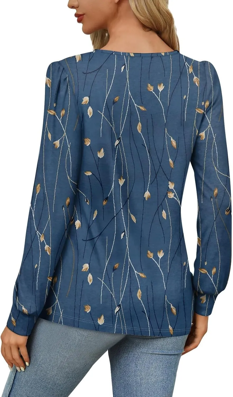 Fall Tops for Women Long Sleeve Round Neck Shirts Trendy Ruched Blouses Dressy Casual Floral Print Top Casual Clothing