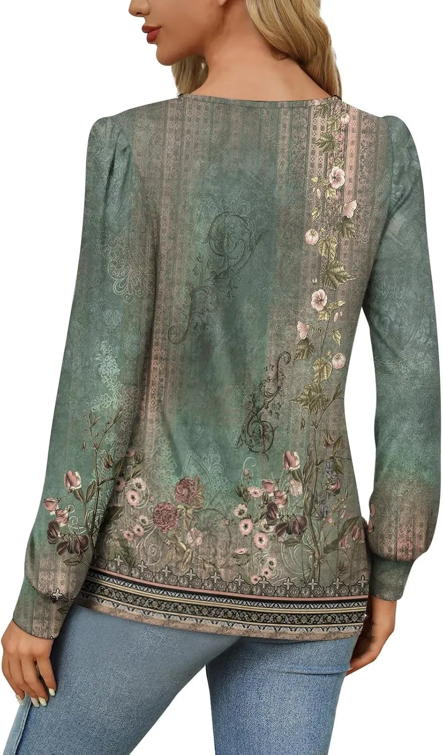 Fall Tops for Women Long Sleeve Round Neck Shirts Trendy Ruched Blouses Dressy Casual Floral Print Top Casual Clothing