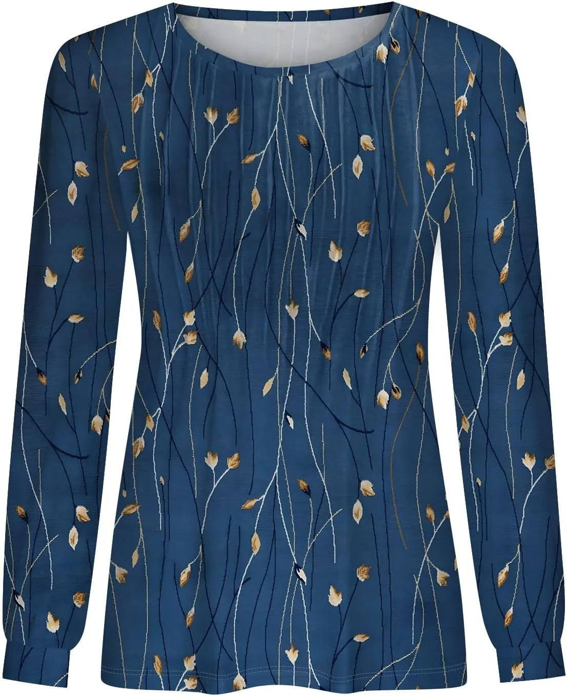 Fall Tops for Women Long Sleeve Round Neck Shirts Trendy Ruched Blouses Dressy Casual Floral Print Top Casual Clothing