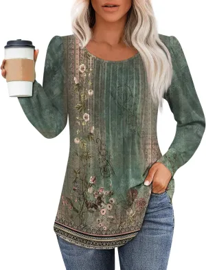 Fall Tops for Women Long Sleeve Round Neck Shirts Trendy Ruched Blouses Dressy Casual Floral Print Top Casual Clothing