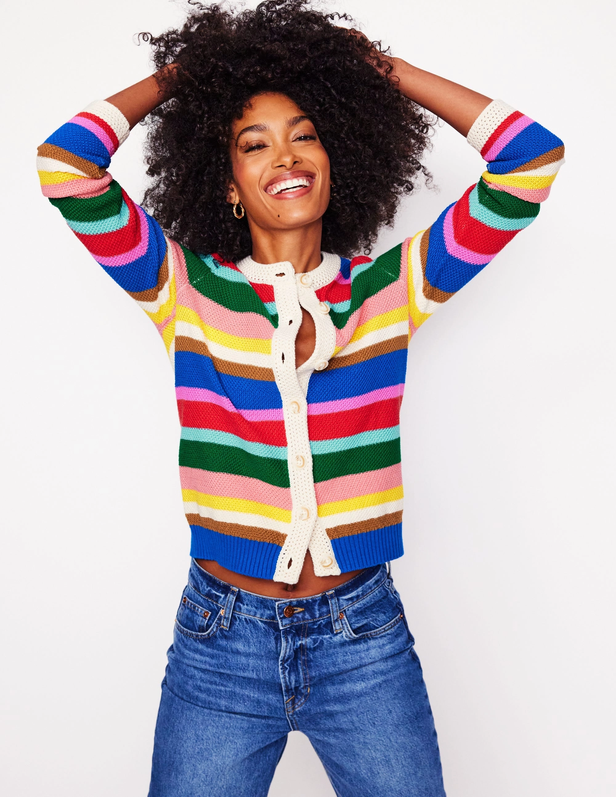 Callie Crochet Trim Cardigan-Bright Rainbow Stripe Large Elastic hemline Breathable fabric