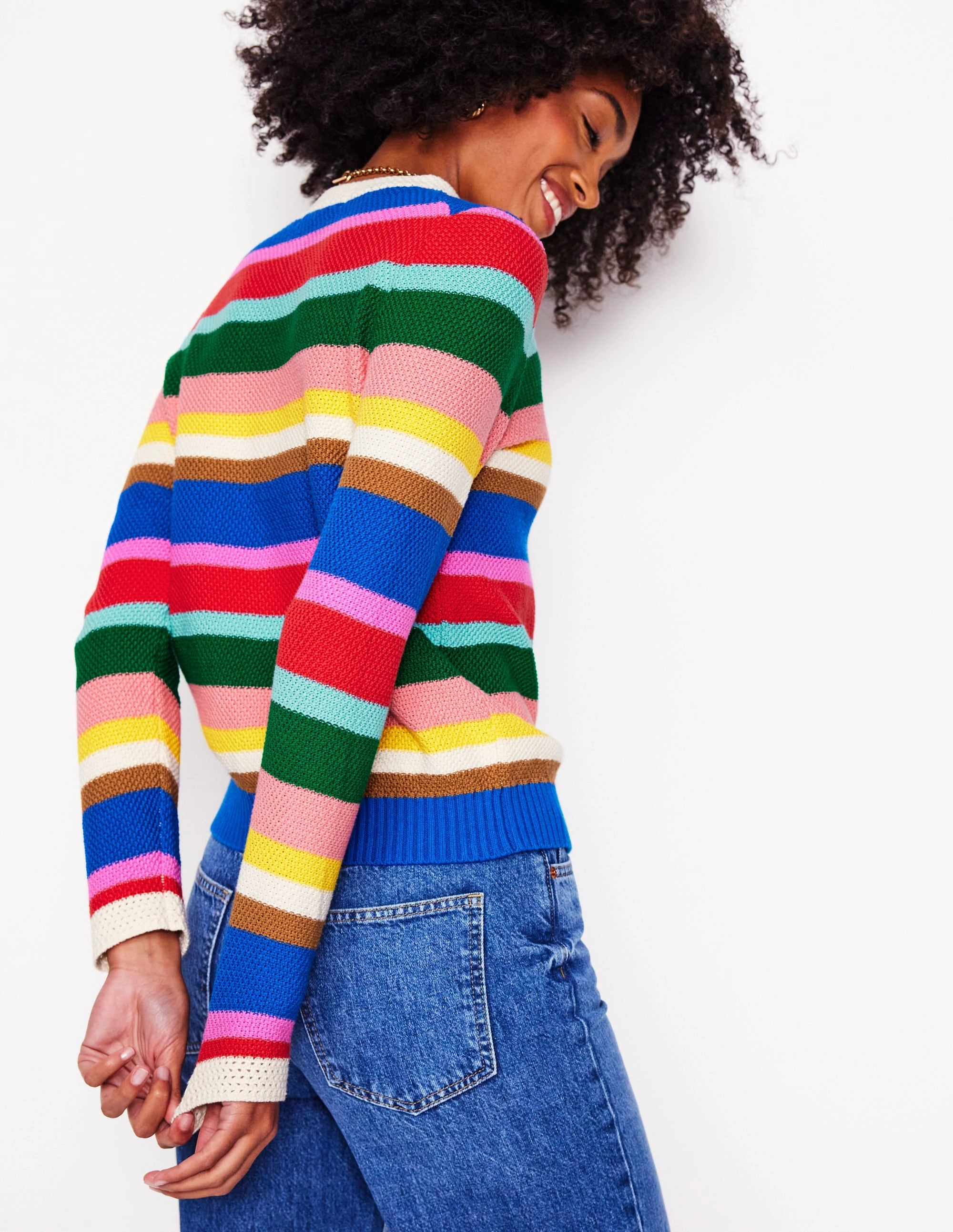 All-Day Use Organic Cotton Yarn Callie Crochet Trim Cardigan-Bright Rainbow Stripe Large
