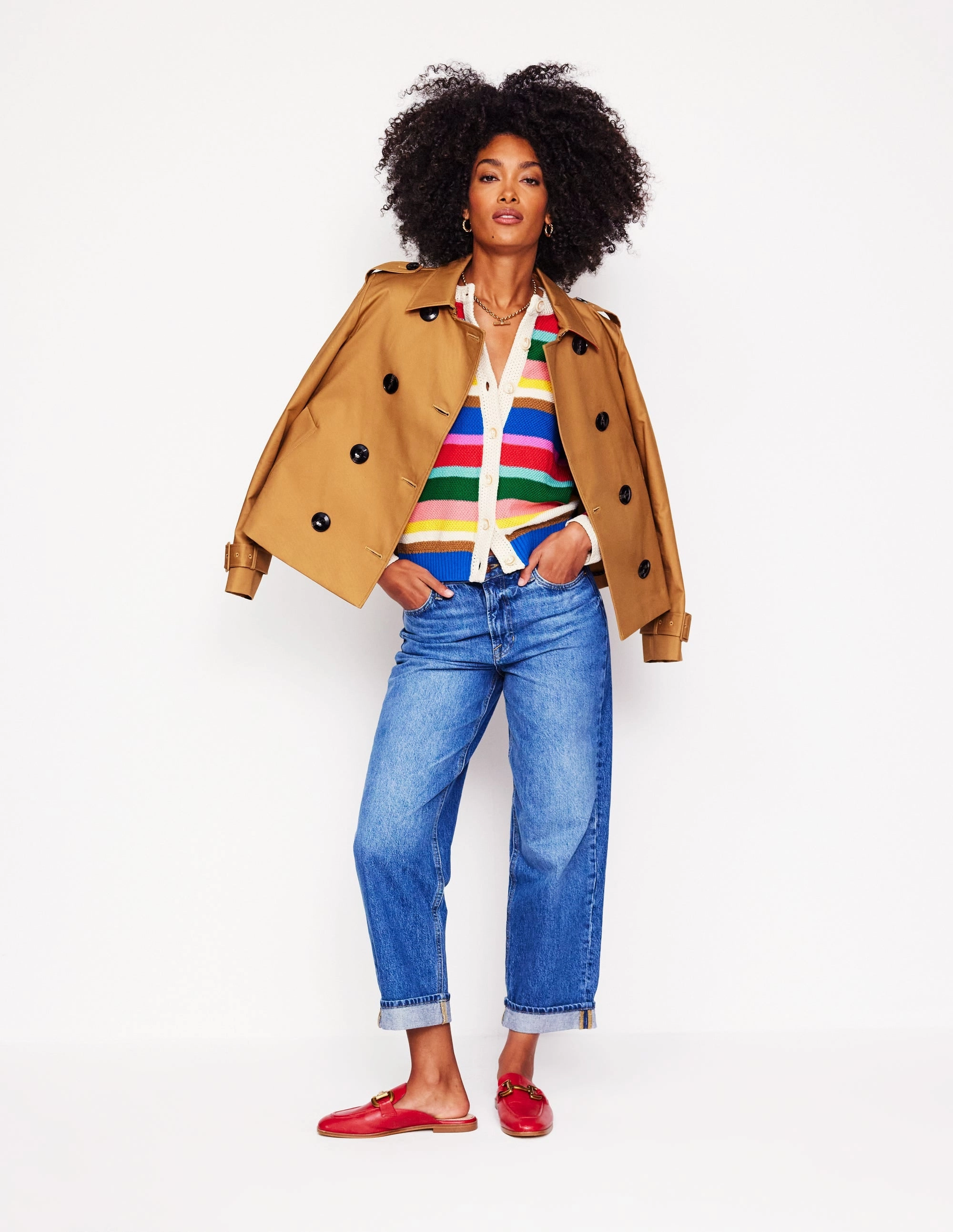 Compression Knit Support Soft Ribbed Texture Callie Crochet Trim Cardigan-Bright Rainbow Stripe Large