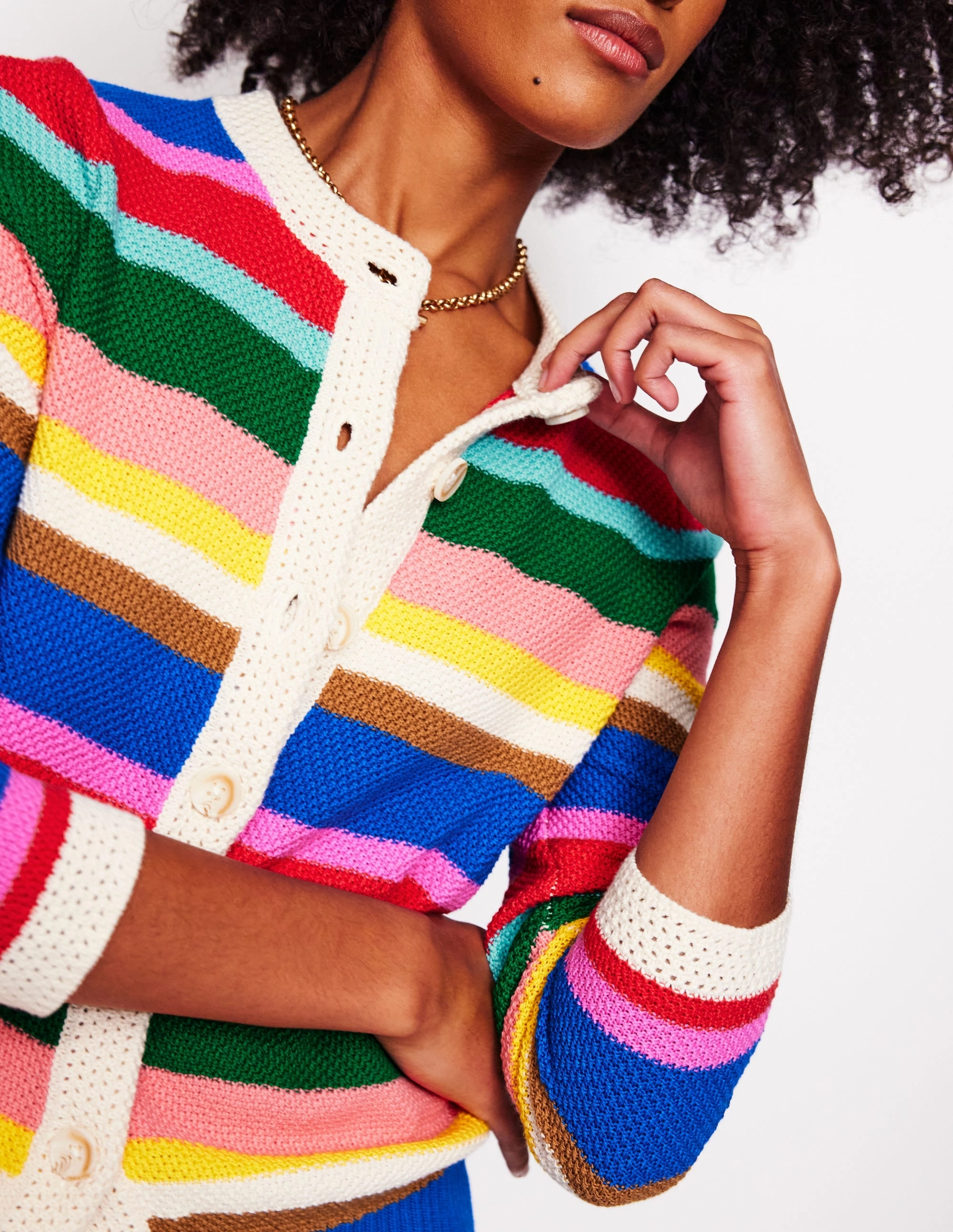 Callie Crochet Trim Cardigan-Bright Rainbow Stripe Large Outdoor Warmth City Style
