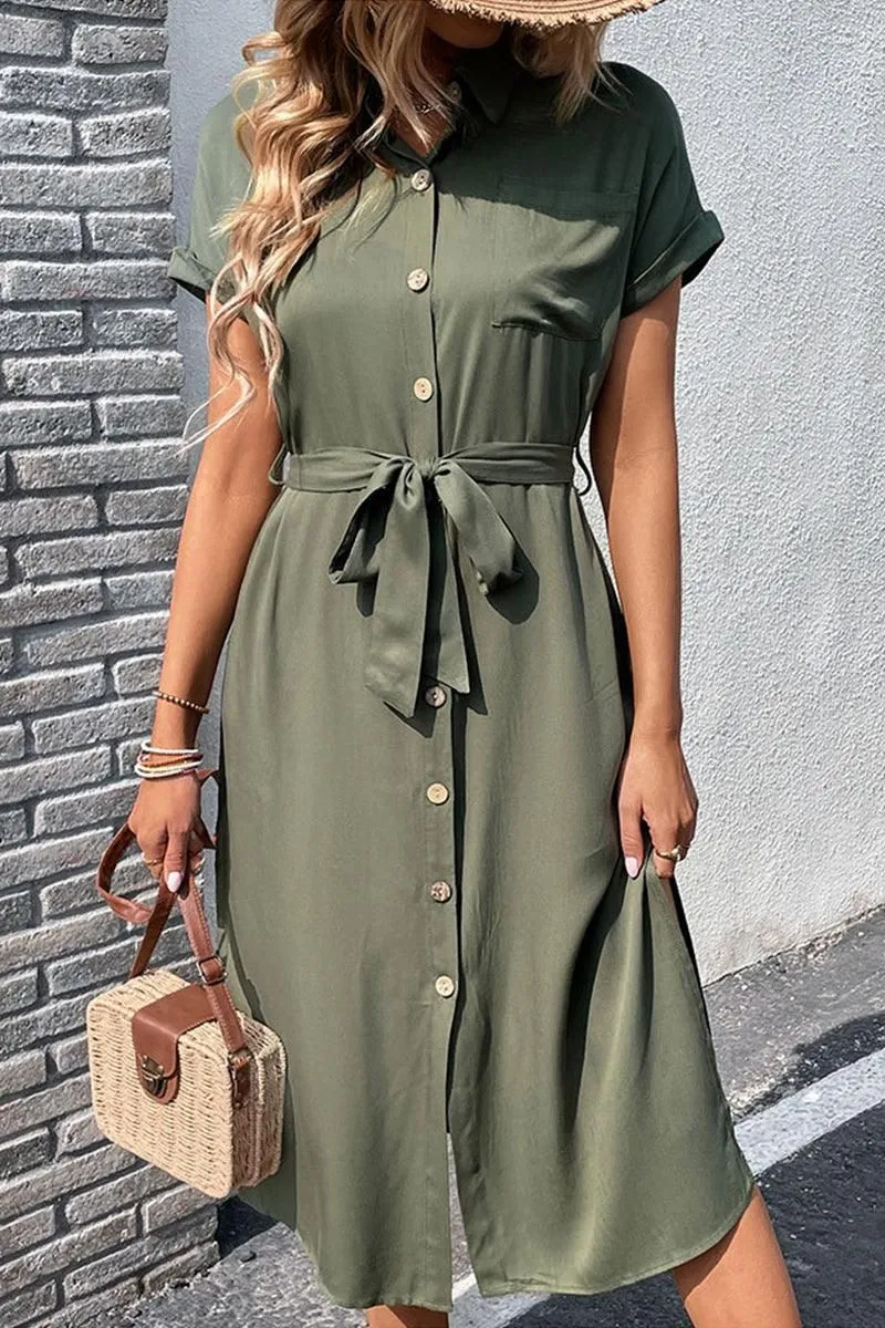 Sweetheart Cut Scandi Clean ROLL UP SLEEVE BUTTON UP BELTED SLIT DRESS