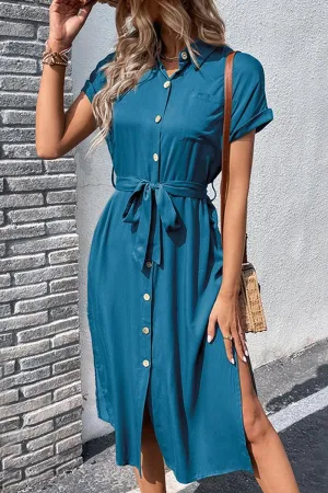 Smart Fabric ROLL UP SLEEVE BUTTON UP BELTED SLIT DRESS