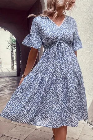 MoistureWickingTechnology Movement Friendly LACE TRIM V NECK EMPIRE WAIST FLORAL DRESS