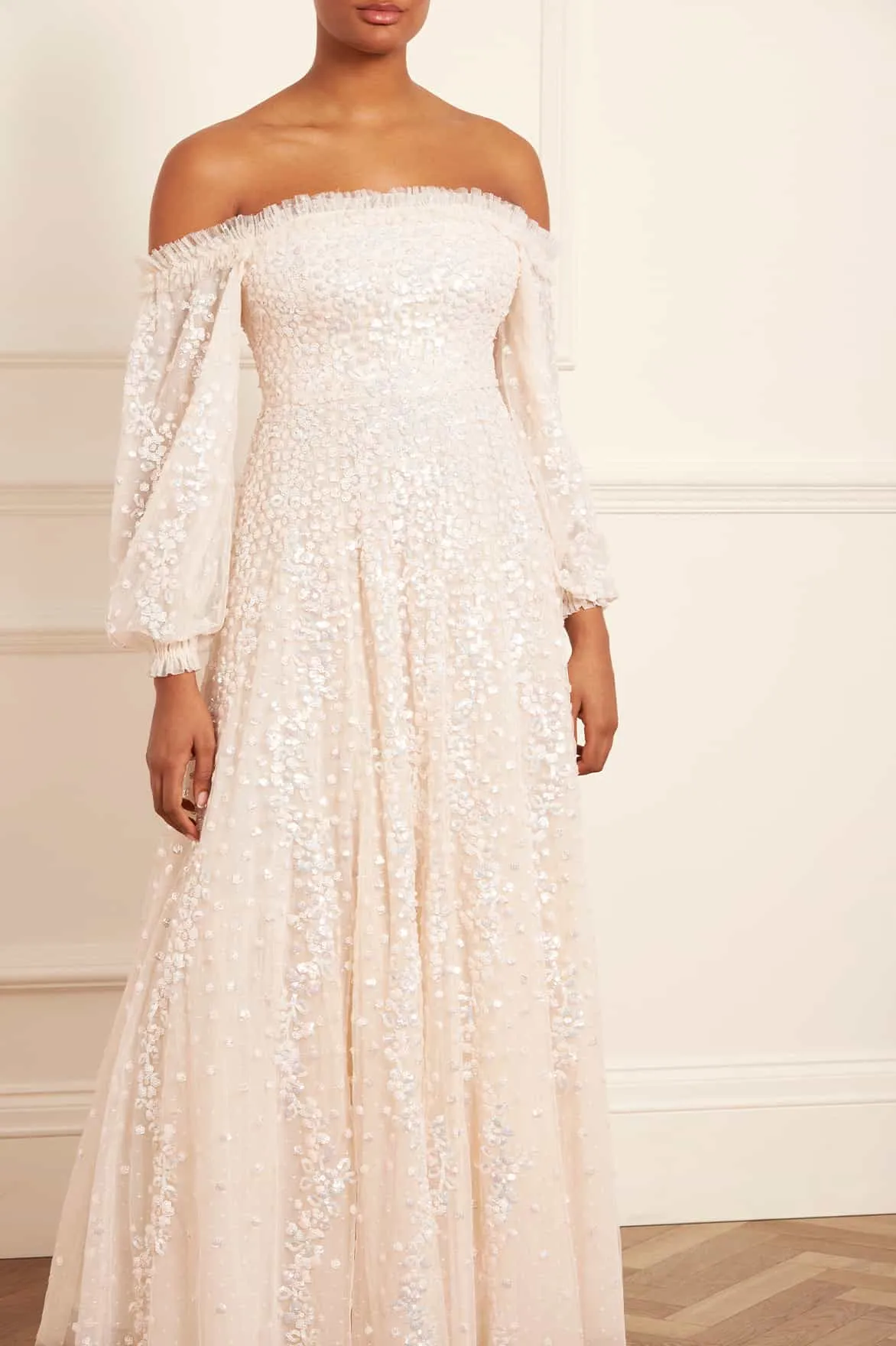 Compact Fit Versatile Layering Confetti Gloss Off-Shoulder Gown