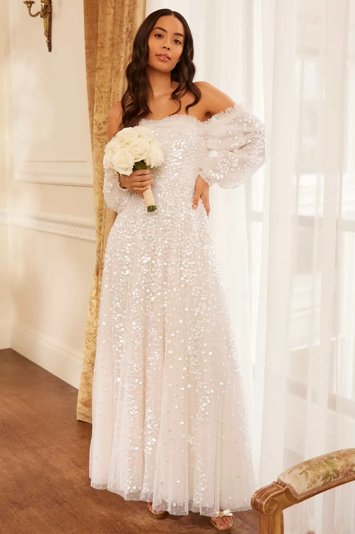 Confetti Gloss Off-Shoulder Gown Modern Waist