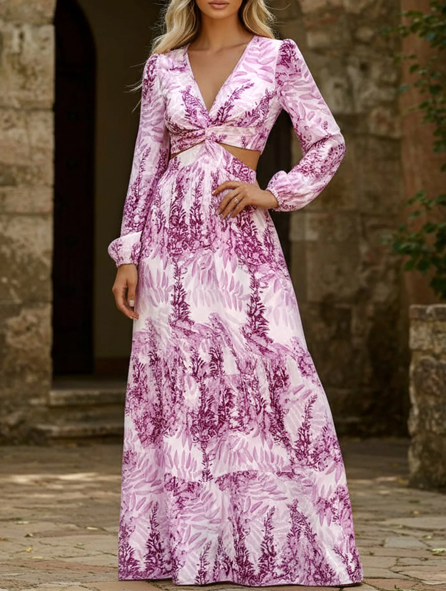 Fashion long printed V-neck long-sleeved dress Fall Silhouette Sleek Tone
