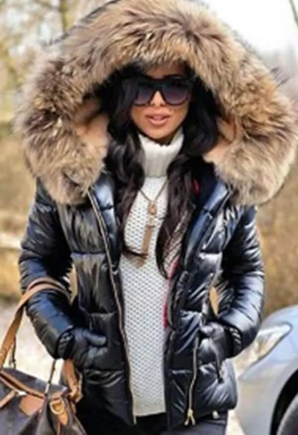 Fashion Solid Color Thick Fur Collar Down Jacket