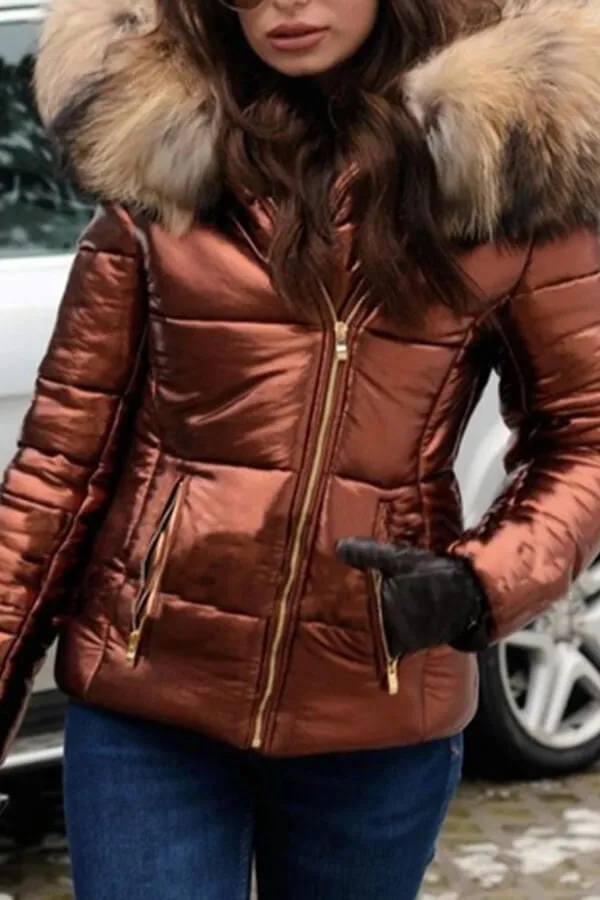 Fashion Solid Color Thick Fur Collar Down Jacket