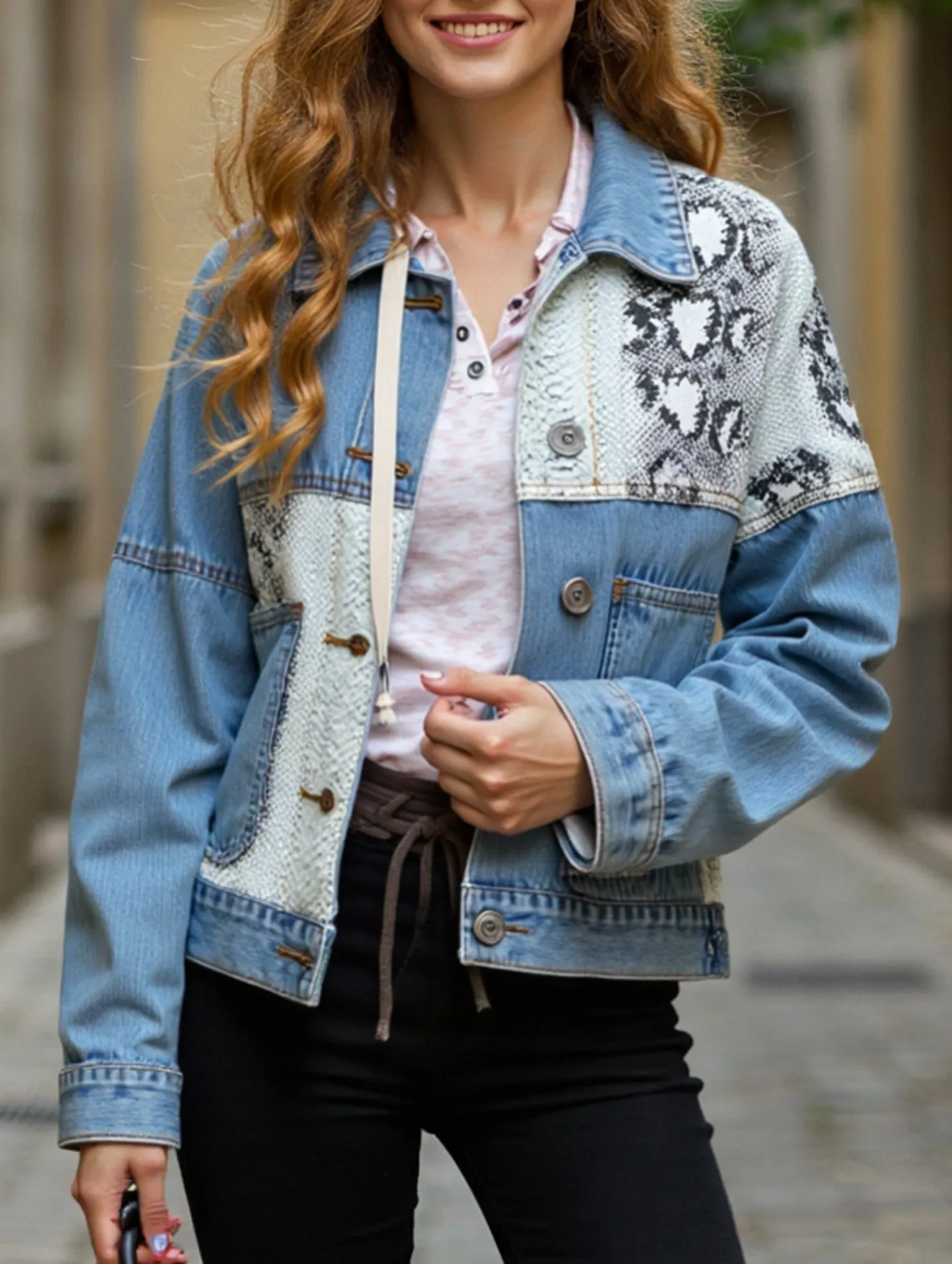 Fashionable printed patchwork ripped denim jacket Sweat Absorbing Lining Reflective Accent Trim