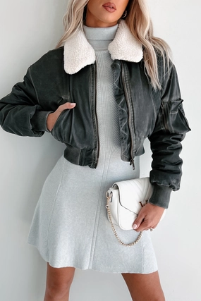 TemperatureRegulating Fashionable Flight Path Aviator Crop Jacket (Dark Grey)