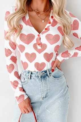 Breeze Feel Basic Style Madly In Love Spiral Heart Print Long Sleeve Bodysuit (Red/White)