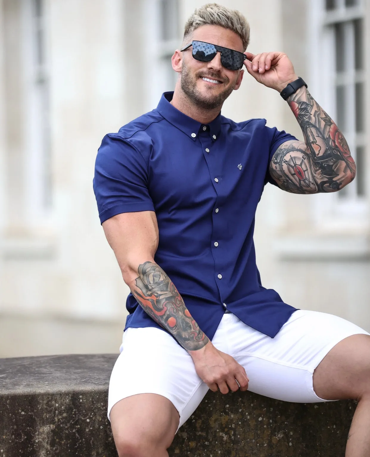 Father Sons Super Slim Stretch Navy Denim Short Sleeve with Button Down Collar and Metal Buttons and Emblem - FS761