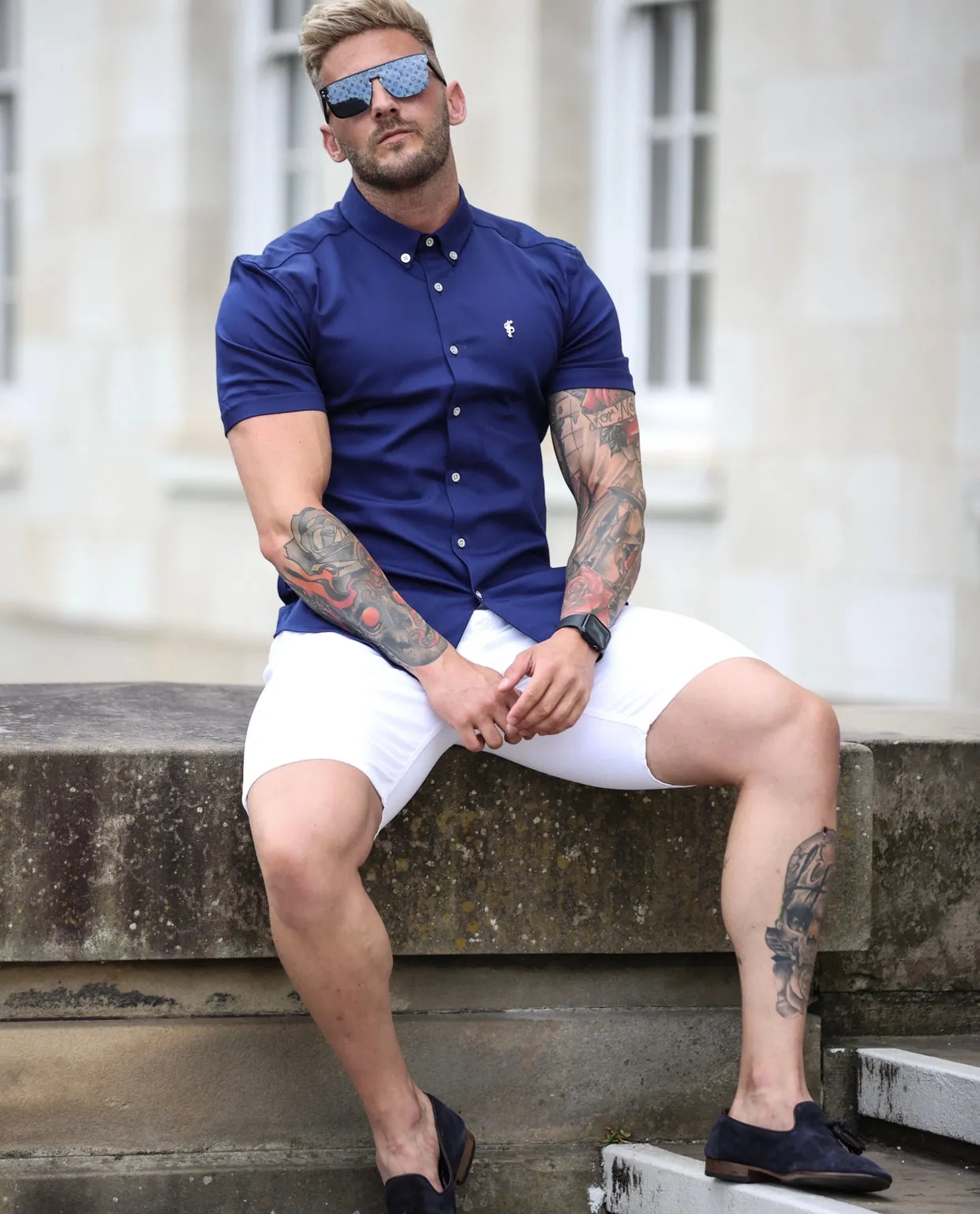 Father Sons Super Slim Stretch Navy Denim Short Sleeve with Button Down Collar and Metal Buttons and Emblem - FS761