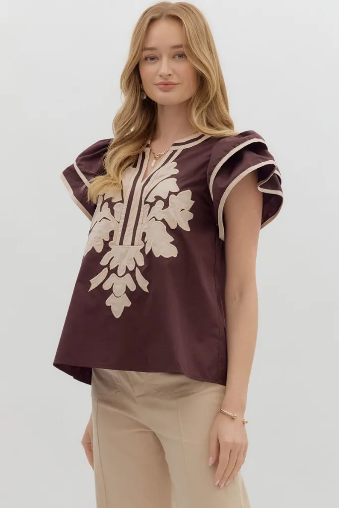 Convertible Sleeve Adaptation Fawn Applique Ruffle Sleeve Top