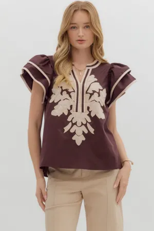 MeshPanel Fawn Applique Ruffle Sleeve Top