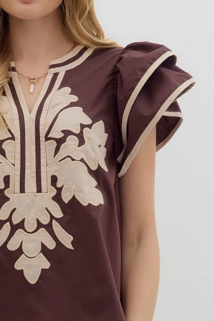 Fawn Applique Ruffle Sleeve Top SunProtective Metallic Fiber Blend