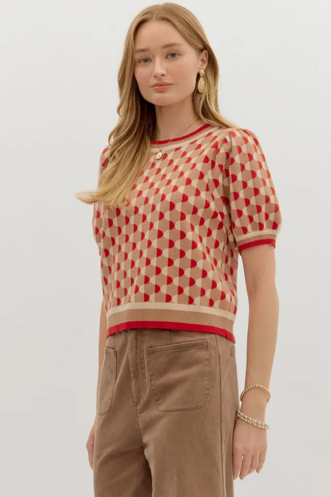 Adjustable Hem Fawn Argyle Short Sleeve Sweater in Camel
