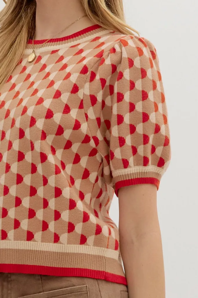 Fawn Argyle Short Sleeve Sweater in Camel Multi Way Adjustable Fit Button Down Collar