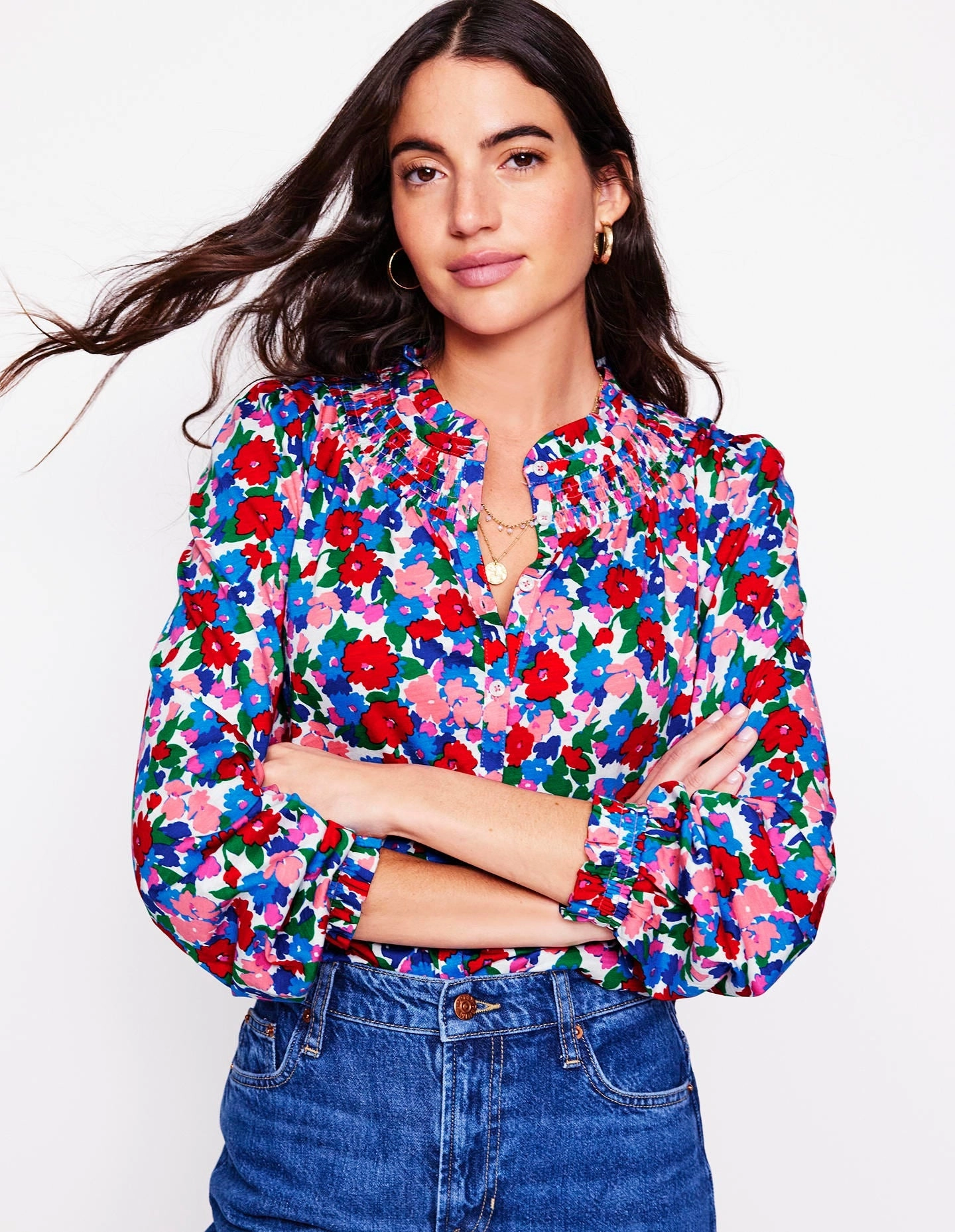 StainResistantFinish Fay Smocked Jersey Shirt-Multi, Painterly Meadow