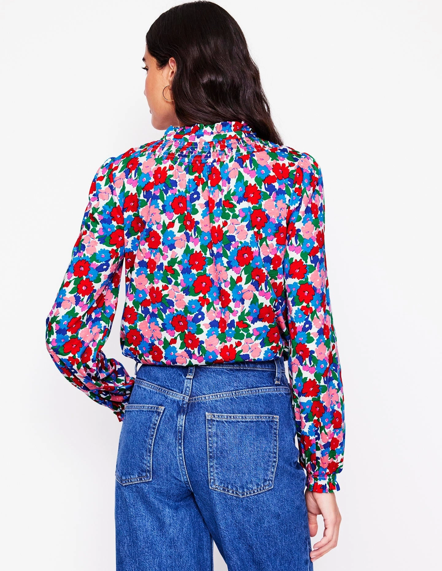 Fay Smocked Jersey Shirt-Multi, Painterly Meadow Adjustable Collar System