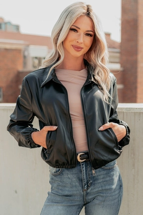 White Hidden pockets Fearless Moves Faux Leather Zip-Up Jacket (Black)