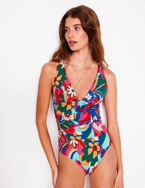Seaside Style Mykonos Deep V Swimsuit-Multi, Blossomy Pop