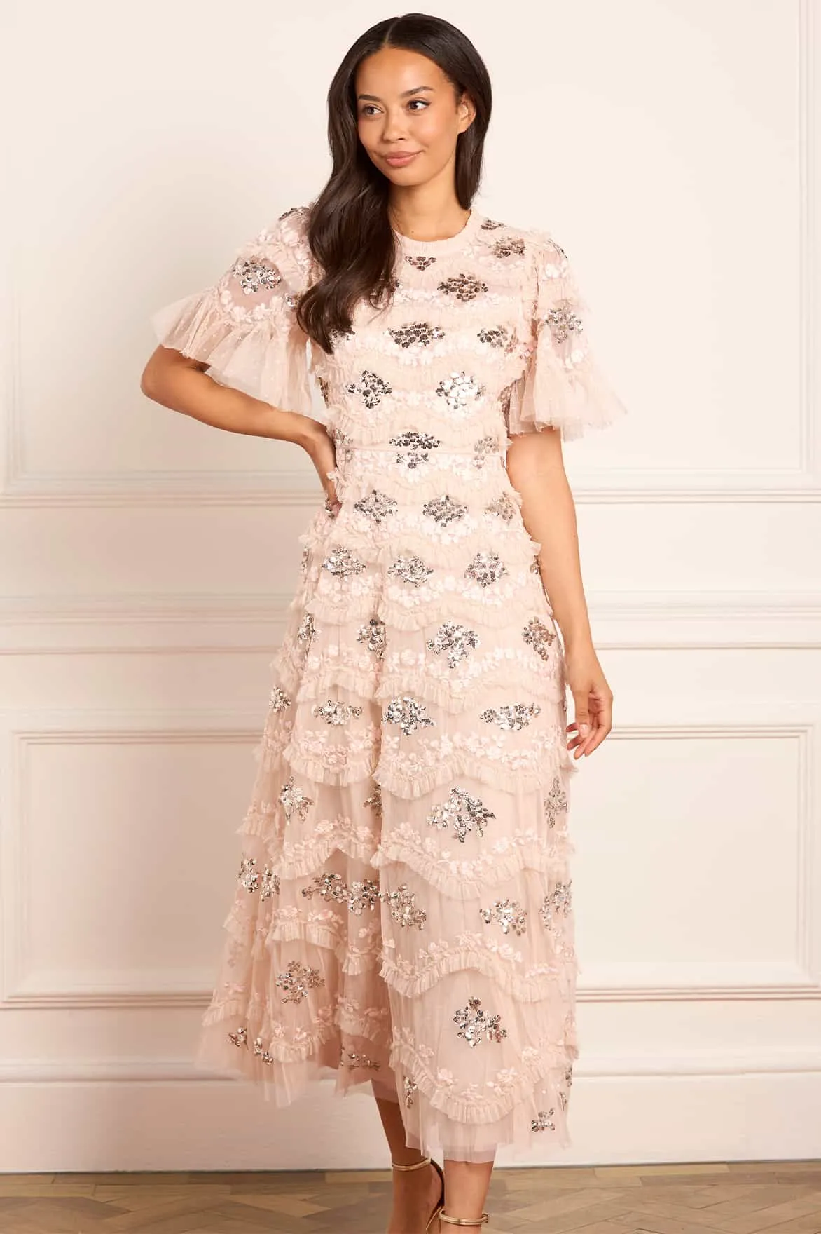 Capsule-Wardrobe Warm Pink Daisy Wave Ankle Gown