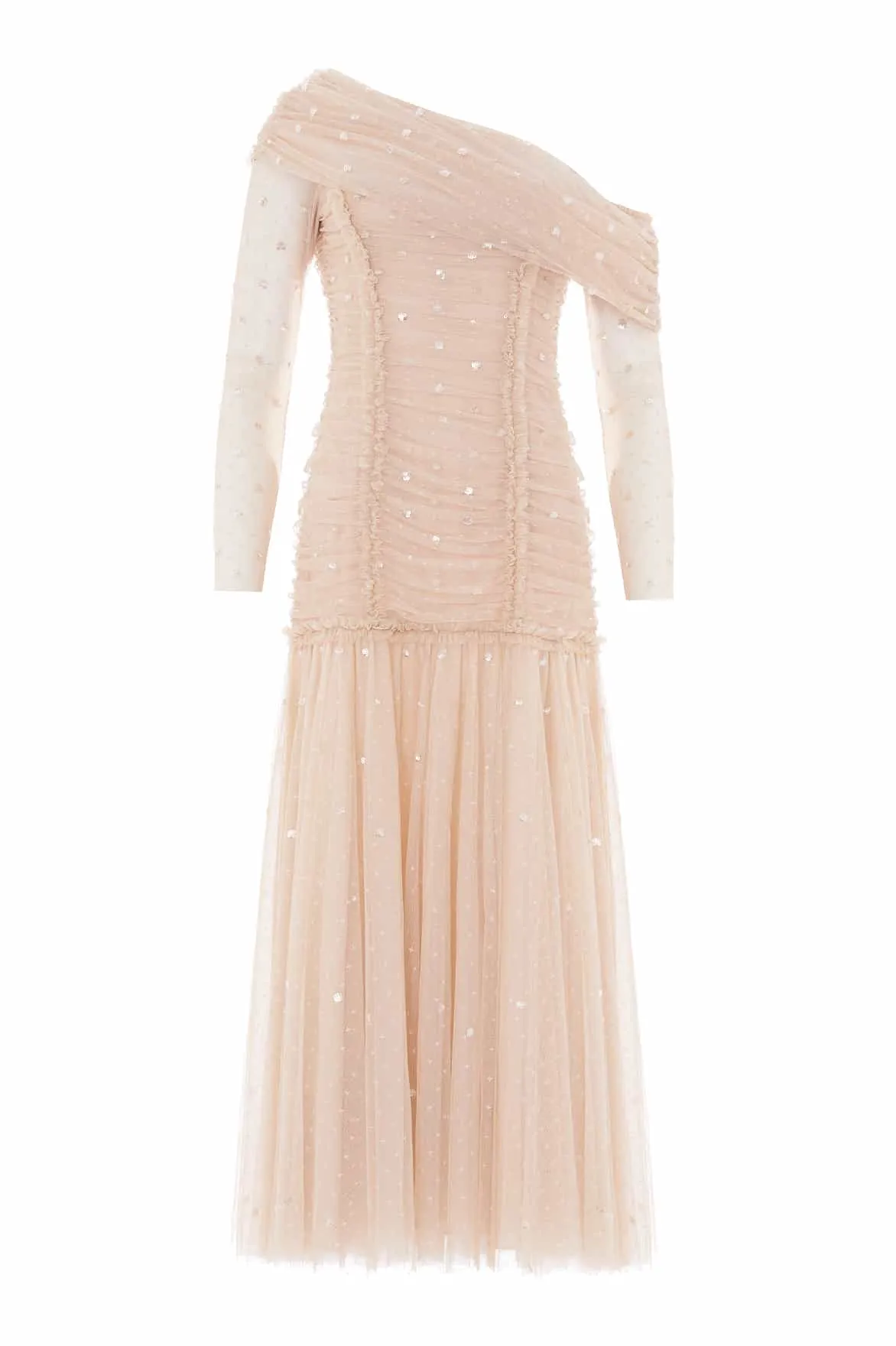 Light Volume Gigi Dot One-Shoulder Rouched Gown