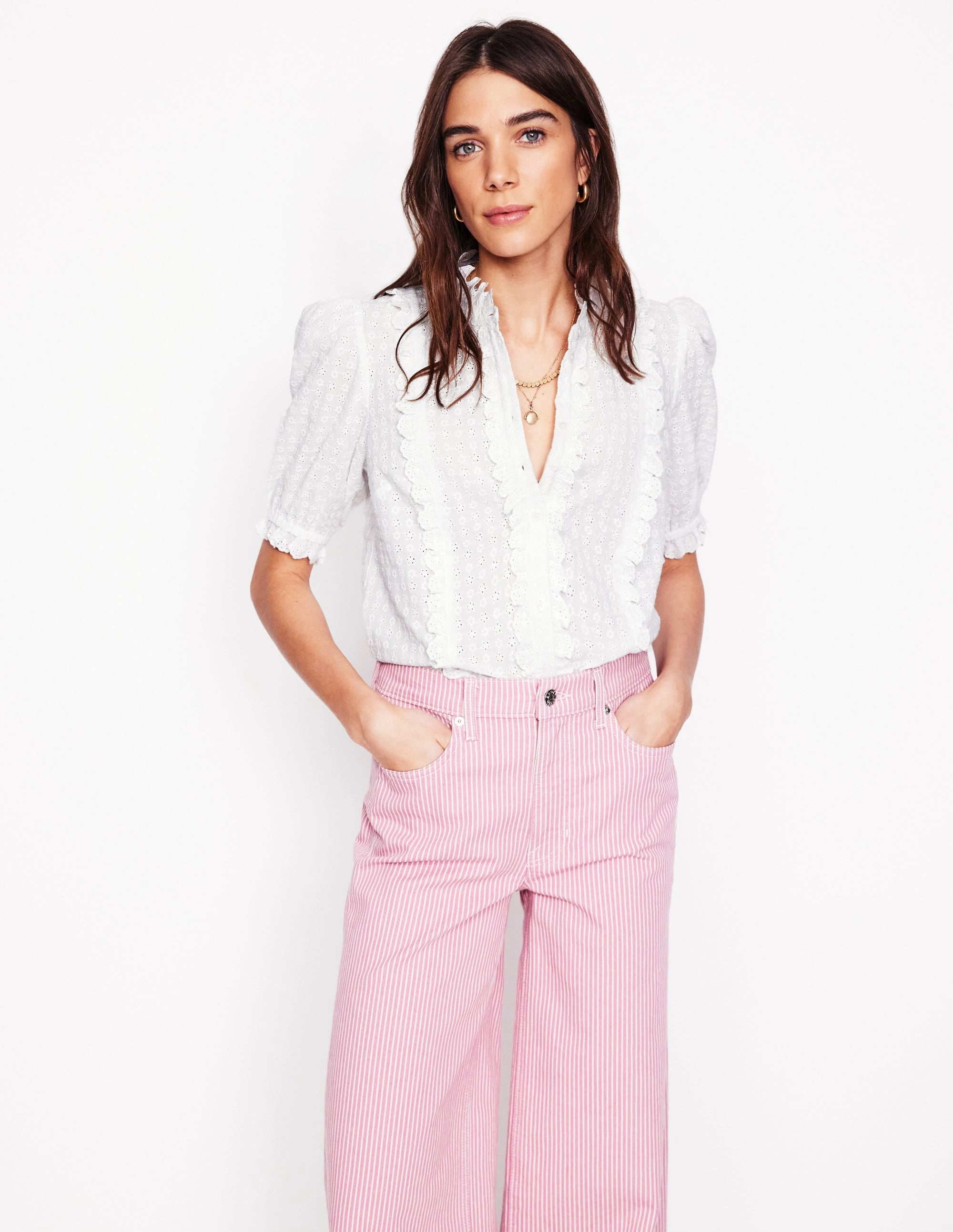 Feminine Cotton Blouse-White AdjustableHemCuffs HighStretchElastic